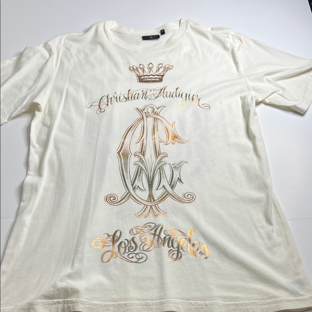 Christian Audigier Cream Tee with Gold and Green Embroidery